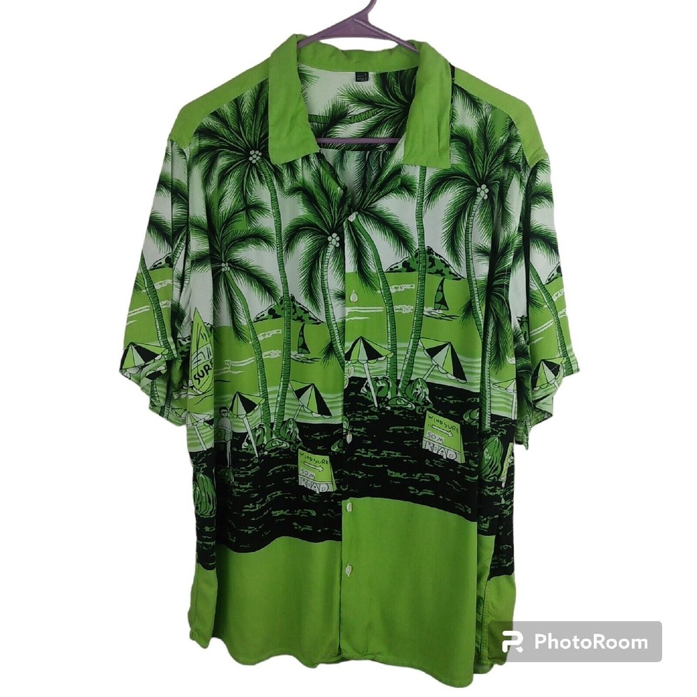Vtg Hawaiian Button Front  Short Sleeve Shirt Green Black Italian Made Large